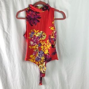 Free people red floral body suit, keyhole back, turtle neck, tank, medium